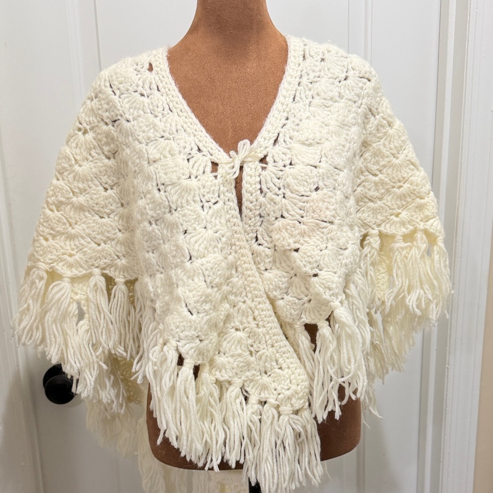 Vintage Ivory Crochet Shawl Fringe with Tie Front and Long V-shape Back